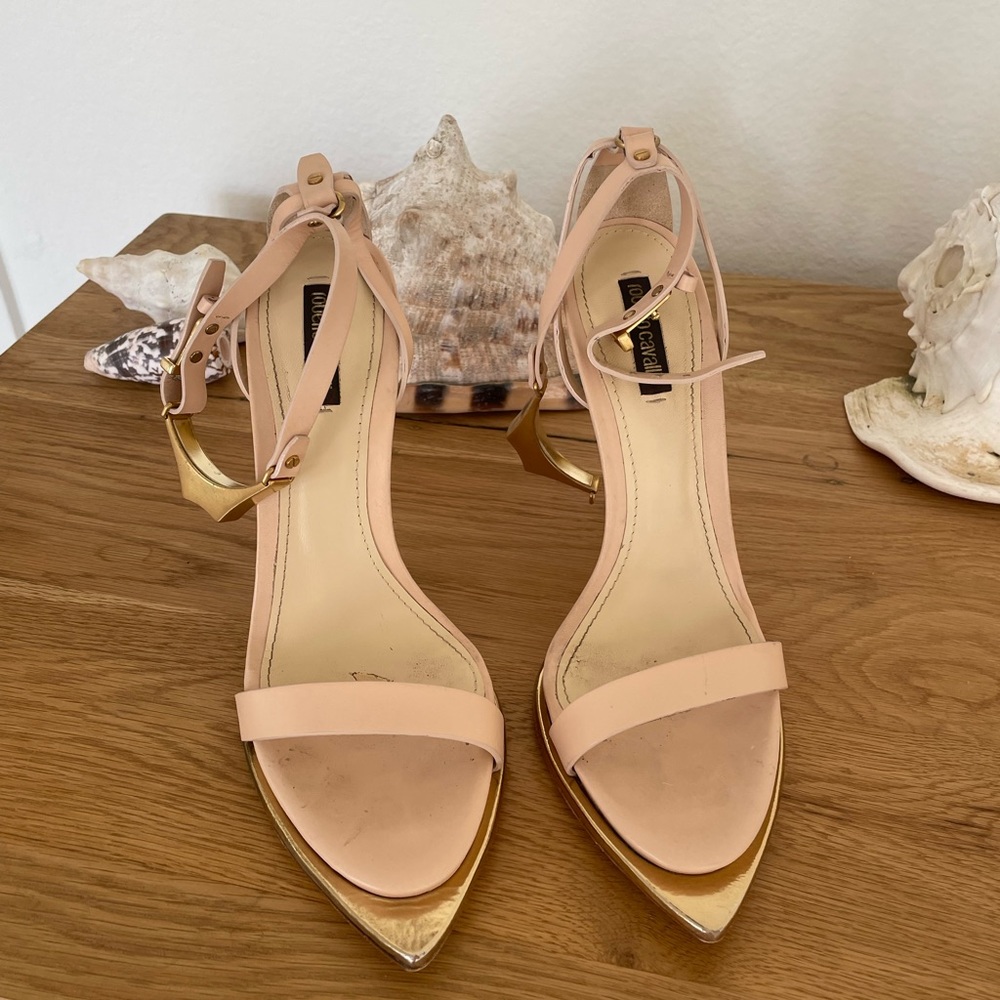 Roberto Cavalli Amazing Blush Sandal with Metal Heel size 40, 7 inch heel